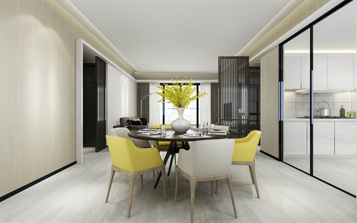 comedor, interior de estilo, amarillo-negro comedor, un dise&#241;o interior moderno, sal&#243;n comedor, mimosa