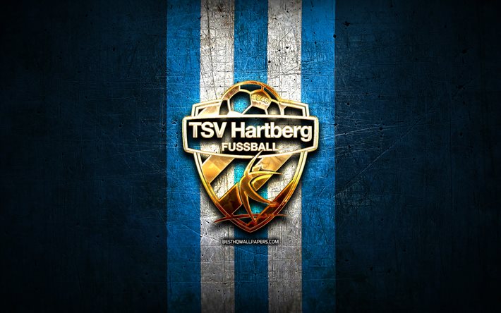 Hartberg FC, logo dorato, Bundesliga Austriaca, blu, metallo, sfondo, calcio, TSV Hartberg, austria squadra di calcio Hartberg logo, Austria