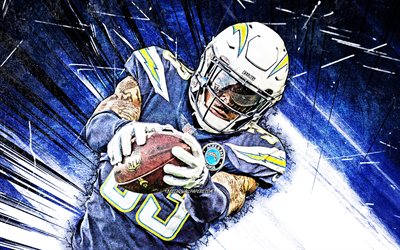 4k, Derwin James, grunge art, NFL, Los Angeles Chargers, american football, strong safety, Derwin Alonzo James Jr, LA Chargers, National Football League, blue abstract rays, Derwin James LA Chargers