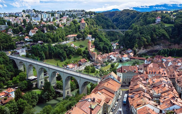Friburgo, paisaje, Primavera, puente de piedra, el r&#237;o, los edificios, Suiza