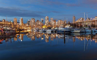 Vancouver, harbor, Falls Creek Bay, canadian cities, evening, Canada, Vancouver at evening