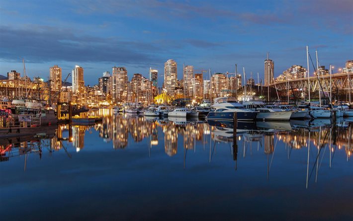 Vancouver, hamnen, Falls Creek Bay, kanadensiska st&#228;der, kv&#228;ll, Kanada, Vancouver p&#229; kv&#228;llen