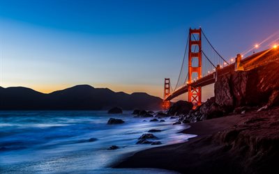 Golden Gate Bridge, San Francisco, soir&#233;e, coucher du soleil, les vagues, le pont rouge, la Baie de San Francisco, &#233;tats-unis