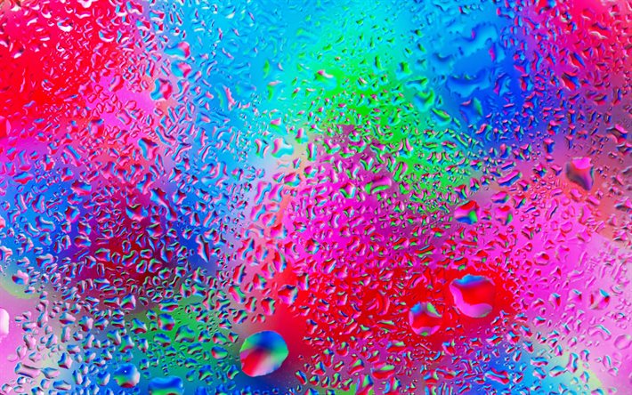 drops on glass, 4k, water drops, colorful backgrounds, water backgrounds, drops texture, background with droplets, water, drops on colorful background, water drops texture, droplets textures