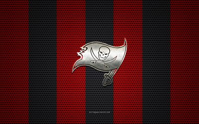 Tampa Bay Buccaneers logo, club de football Am&#233;ricain, embl&#232;me m&#233;tallique, rouge-noir maille en m&#233;tal d&#39;arri&#232;re-plan, Tampa Bay Buccaneers, NFL, Tampa, Floride, etats-unis, le football am&#233;ricain