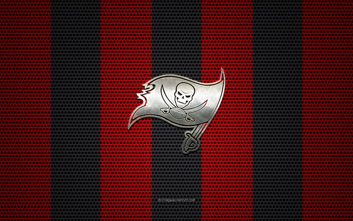 tampa bay buccaneers logo, american football-club, metall-emblem, red-black-metal-mesh-hintergrund, tampa bay buccaneers, nfl, tampa, florida, usa, american football