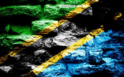 Tanzania flag, grunge brick texture, Flag of Tanzania, flag on brick wall, Tanzania, flags of Africa countries