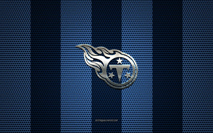 Tennessee Titans logo, American football club, metal emblem, blue black metal mesh background, Tennessee Titans, NFL, Nashville, Tennessee, USA, american football