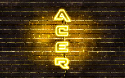 4K, Acer giallo logo, testo verticale, giallo brickwall, Acer neon logo, creativo, logo Acer, opere d&#39;arte, Acer