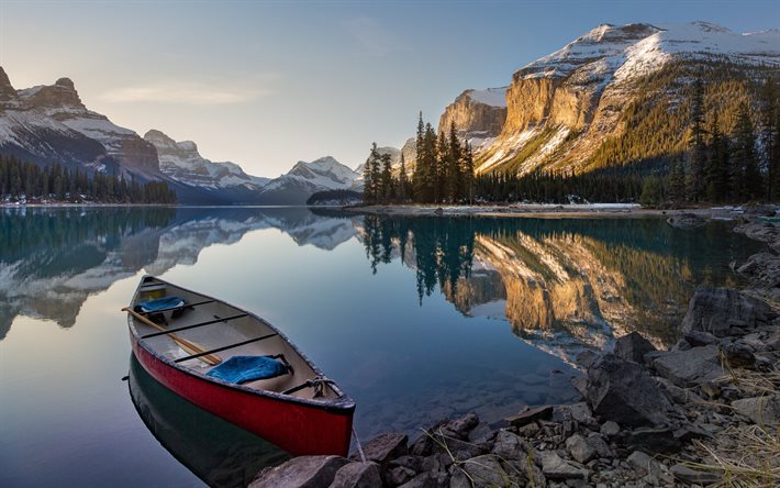 Jasper National Park, Alberta, mountain lake, boat, spring, evening, sunset, mountain landscape, Canada