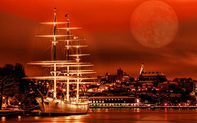 Tre Kronor af Estocolmo, veleiro, Tr&#234;s, noturnas, lua, Su&#233;cia, Europa, Estocolmo &#224; noite