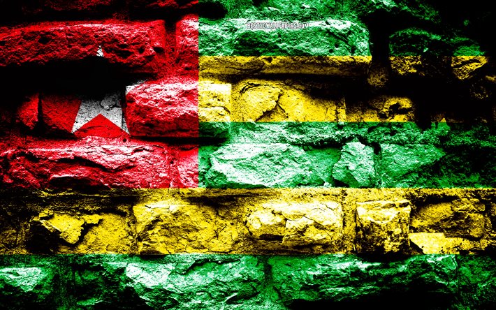 togo flagge, grunge-ziegel-textur, flagge togo fahne auf mauer, togo, flaggen von afrika l&#228;ndern