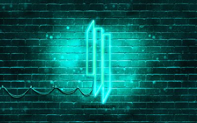 Skrillex turquoise logo, 4k, superstars, american DJs, turquoise brickwall, Skrillex logo, Sonny John Moore, Skrillex, music stars, Skrillex neon logo