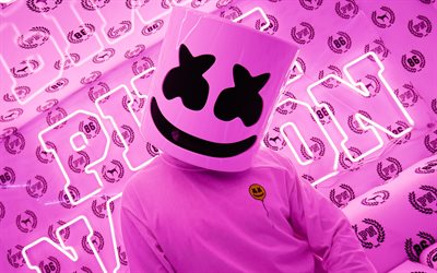 DJ Marshmello, 4k, purple background, music stars, superstars, Christopher Comstock, Marshmello 4K, DJs, Marshmello photoshoot, Marshmello