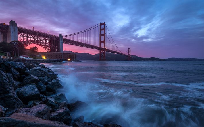 Golden Gate-Silta, illalla, sunset, Fort Point, rannikolla, San Francisco, California, USA