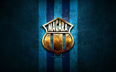 Macara FC, golden logo, Ecuadorian Serie A, blue metal background, football, CSD Macara, Ecuadorian football club, Macara logo, soccer, Ecuador