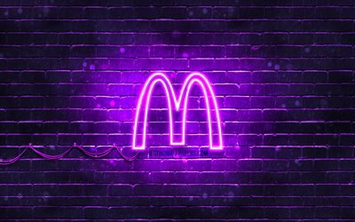 McDonalds violet logo, 4k, violet brickwall, McDonalds logo, brands, McDonalds neon logo, McDonalds