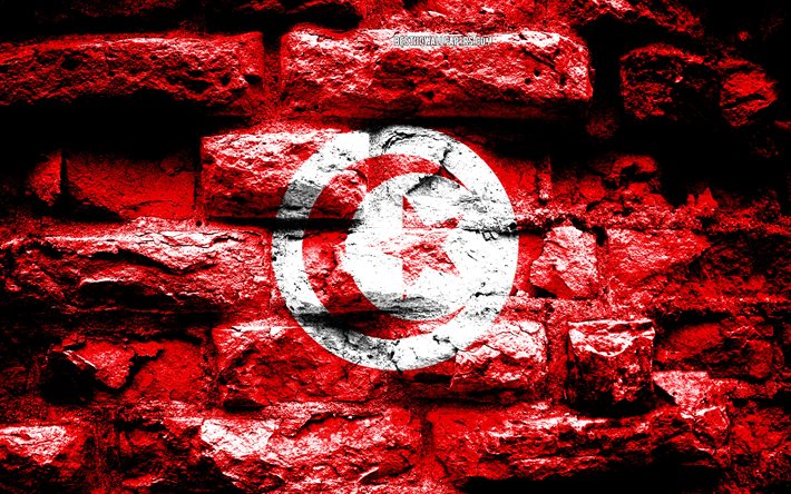 Tunisia flag, grunge brick texture, Flag of Tunisia, flag on brick wall, Tunisia, flags of Africa countries