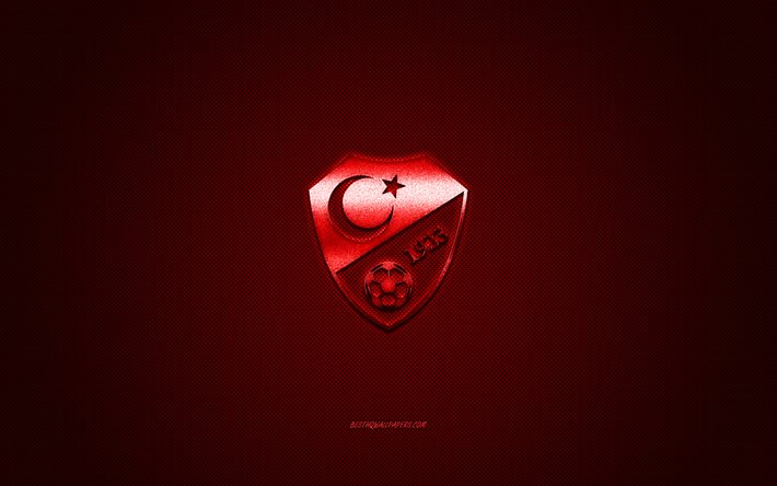 Turkey national football team, emblem, UEFA, red logo, red fiber background, Turkey football team logo, football, Turkey