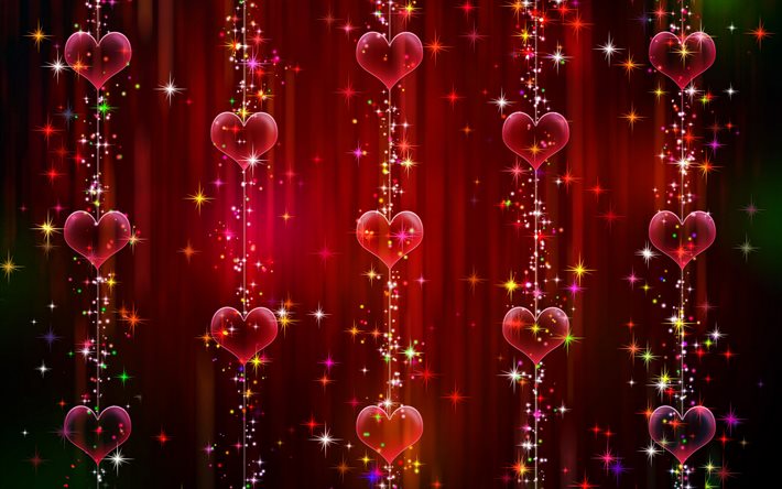 glass hearts pattern, 4k, red backgrounds, love concepts, abstract art, glass hearts, background with hearts