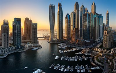 Dubai, UAE, morning, sunrise, skyscrapers, modern buildings, luxury yachts, luxury life, Dubai Marina, United Arab Emirates