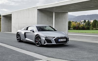Audi R8 V10 RWD, 2020, front view, exterior, silver sports coupe, luxury sports car, new silver R8, German sports cars, Audi