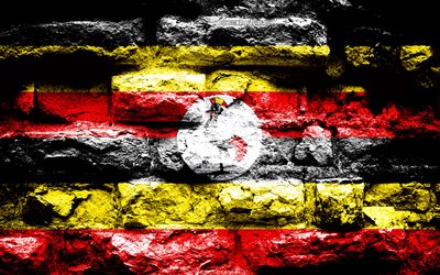 Uganda flag, grunge brick texture, Flag of Uganda, flag on brick wall, Uganda, flags of Africa countries