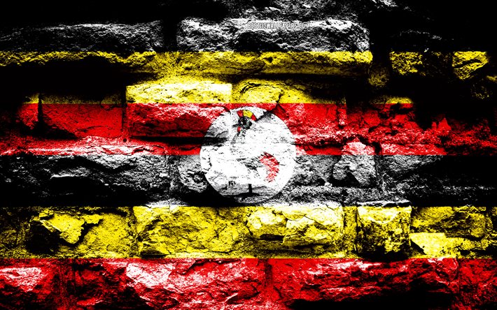 أوغندا العلم, الجرونج الطوب الملمس, العلم أوغندا, علم على جدار من الطوب, أوغندا, أعلام الدول الأفريقية