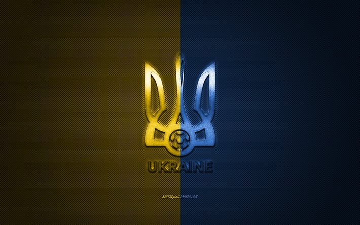 Ukraina i fotboll, emblem, UEFA, gul bl&#229; logo, gul bl&#229; fiber bakgrund, Ukraina i fotboll logotyp, fotboll, Ukraina