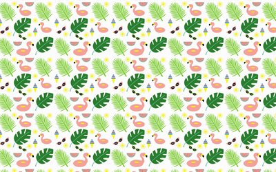 flamingolar, yeşil yaprakları doku, &#231;ocuklar doku ile flamingos ile karikat&#252;r doku, arka plan, arka plan &#231;ocuklar