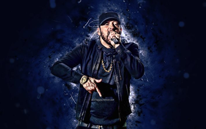 Eminem, 2020, amerikansk rappare, 4k, musik stj&#228;rnor, fan art, Marshall Bruce Mathers III, amerikansk k&#228;ndis, vit neon lights, kreativa, Eminem 4K