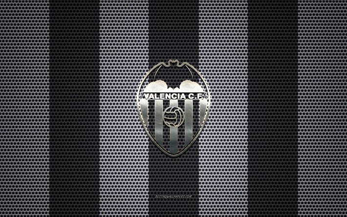 Valencia CF-logotyp, Spansk fotbollsklubb, metall emblem, vit och svart metalln&#228;t bakgrund, Valencia CF, Ligan, Valencia, Spanien, fotboll