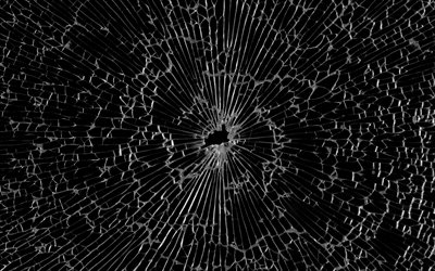 vetro rotto, macro, frammenti di vetro, foro nel vetro, vetro rotto texture, vetro, texture, nero sfondi