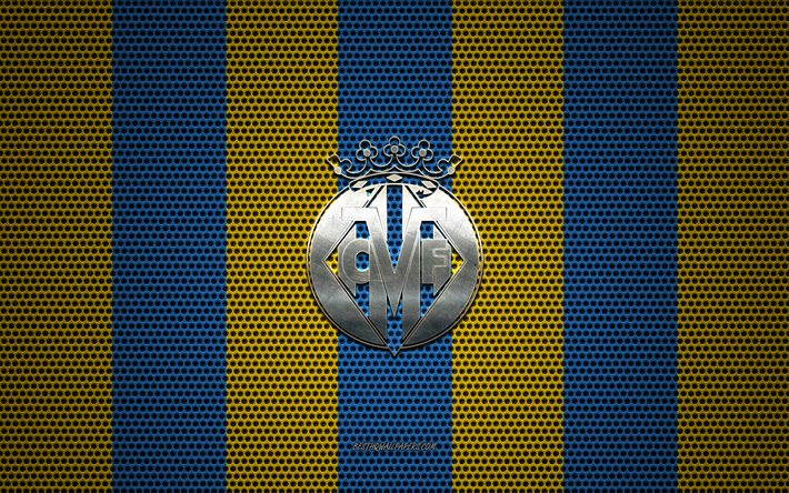 فياريال را شعار, الاسباني لكرة القدم, شعار معدني, الأصفر-الأزرق شبكة معدنية خلفية, فياريال CF, الدوري, فياريال, إسبانيا, كرة القدم