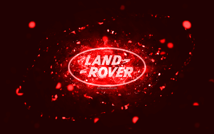land rover punainen logo, 4k, punaiset neon valot, luova, punainen abstrakti tausta, land rover logo, automerkit, land rover