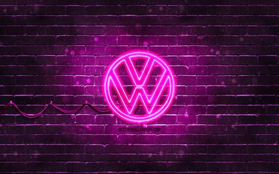 logo volkswagen viola, muro di mattoni viola, 4k, nuovo logo volkswagen, marchi di automobili, logo vw, logo al neon volkswagen, logo volkswagen 2021, logo volkswagen, volkswagen