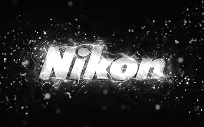 nikon logotipo branco, 4k, branco luzes de neon, criativo, preto abstrato de fundo, nikon logo, marcas, nikon