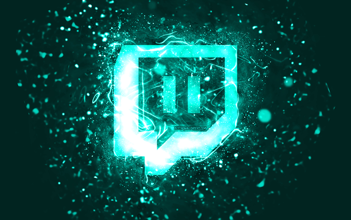 Twitch turquoise logo, 4k, turquoise neon lights, creative, turquoise abstract background, Twitch logo, social network, Twitch