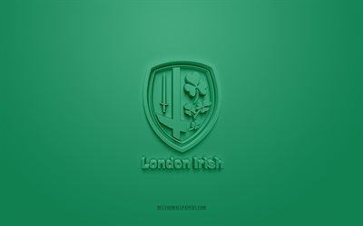 london irish, kreatives 3d-logo, gr&#252;ner hintergrund, premiership rugby, 3d-emblem, englischer rugby-club, england, 3d-kunst, rugby, london irish 3d-logo