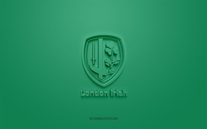 لندن الأيرلندية, شعار 3d الإبداعية, خلفية خضراء, بريميرشيب الرجبي, 3d شعار, نادي الرجبي الإنجليزي, إنكلترا, فن ثلاثي الأبعاد, كرة القدم الامريكية, شعار لندن الأيرلندية ثلاثي الأبعاد