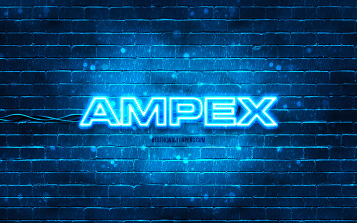 logotipo azul de ampex, 4k, pared de ladrillo azul, logotipo de ampex, marcas, logotipo de ne&#243;n de ampex, ampex
