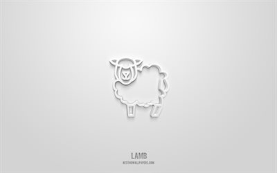 lamm 3d-ikon, vit bakgrund, 3d-symboler, lamm, djurikoner, 3d-ikoner, lammtecken, djur 3d-ikoner