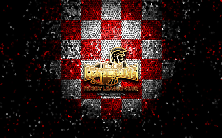Leigh Centurions, glitter logo, SLE, red white checkered background, rugby, english rugby club, Leigh Centurions logo, mosaic art