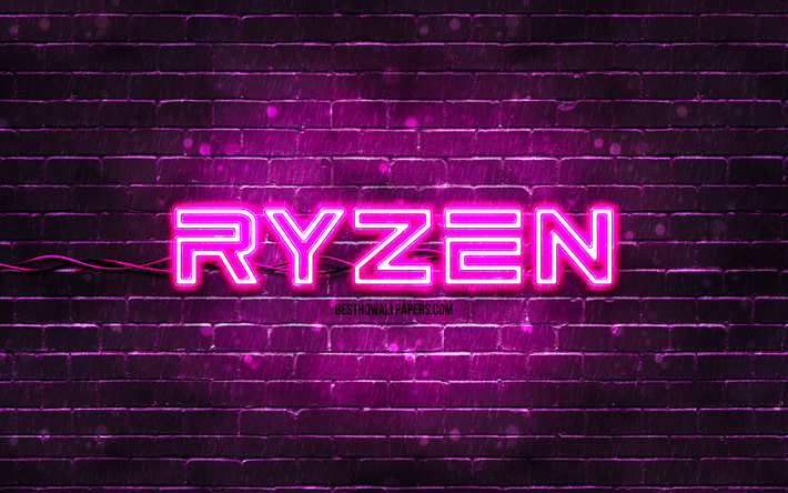AMD Ryzen purple logo, 4k, purple brickwall, AMD Ryzen logo, brands, AMD Ryzen neon logo, AMD Ryzen