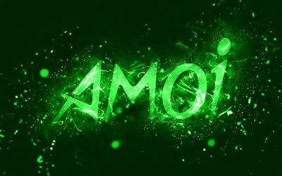 Amoi green logo, 4k, green neon lights, creative, green abstract background, Amoi logo, brands, Amoi