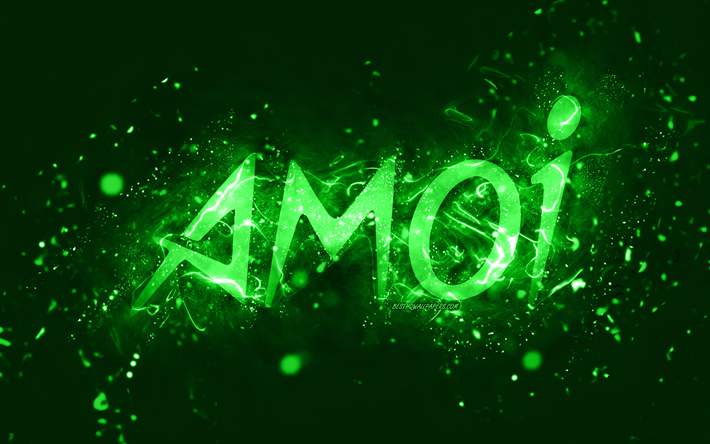 logotipo verde de amoi, 4k, luces de ne&#243;n verdes, creativo, fondo abstracto verde, logotipo de amoi, marcas, amoi