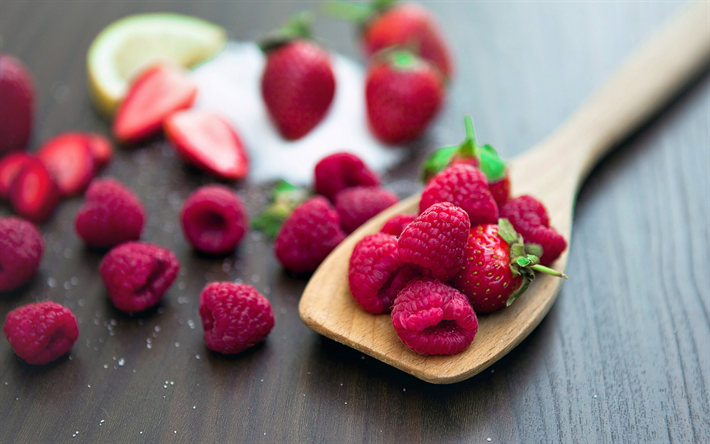 raspberries, berries, strawberries, raspberries in a spoon, healthy berries