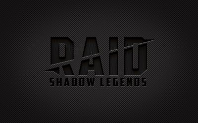 Raid Shadow Legends carbon logo, 4k, grunge art, carbon background, creative, Raid Shadow Legends black logo, games brands, Raid Shadow Legends logo, Raid Shadow Legends