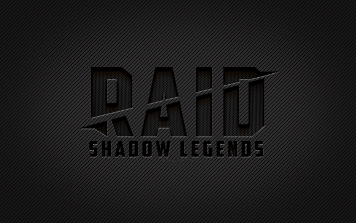 شعار raid shadow legends الكربون, 4k, فن الجرونج, خلفية الكربون, خلاق, شعار raid shadow legends باللون الأسود, ماركات الألعاب, شعار raid shadow legends, أساطير رائد الظل