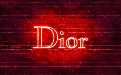 dior punainen logo, 4k, punainen tiilisein&#228;, dior-logo, muotimerkit, dior neonlogo, dior